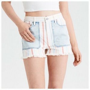 American Eagle Outfitters High-Waist Pastel Striped Mom Cut-Off Denim Sh…